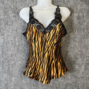 Silkscreen Camisole Top Women M Brown Silk Zebra Animal Print Layering Lace